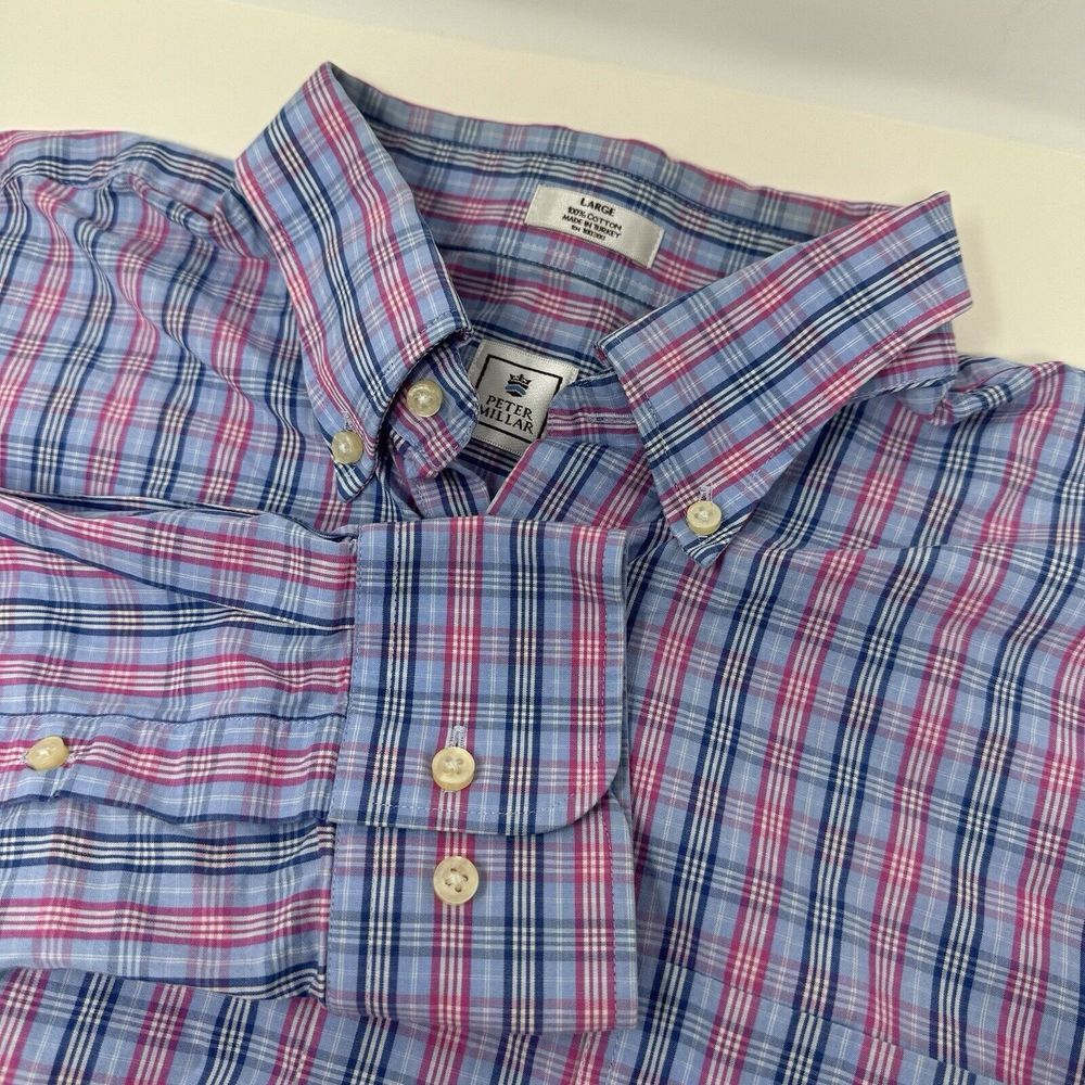 Peter Millar Men's Large Pink Blue Plaid Long Sleeve Button Shirt‎